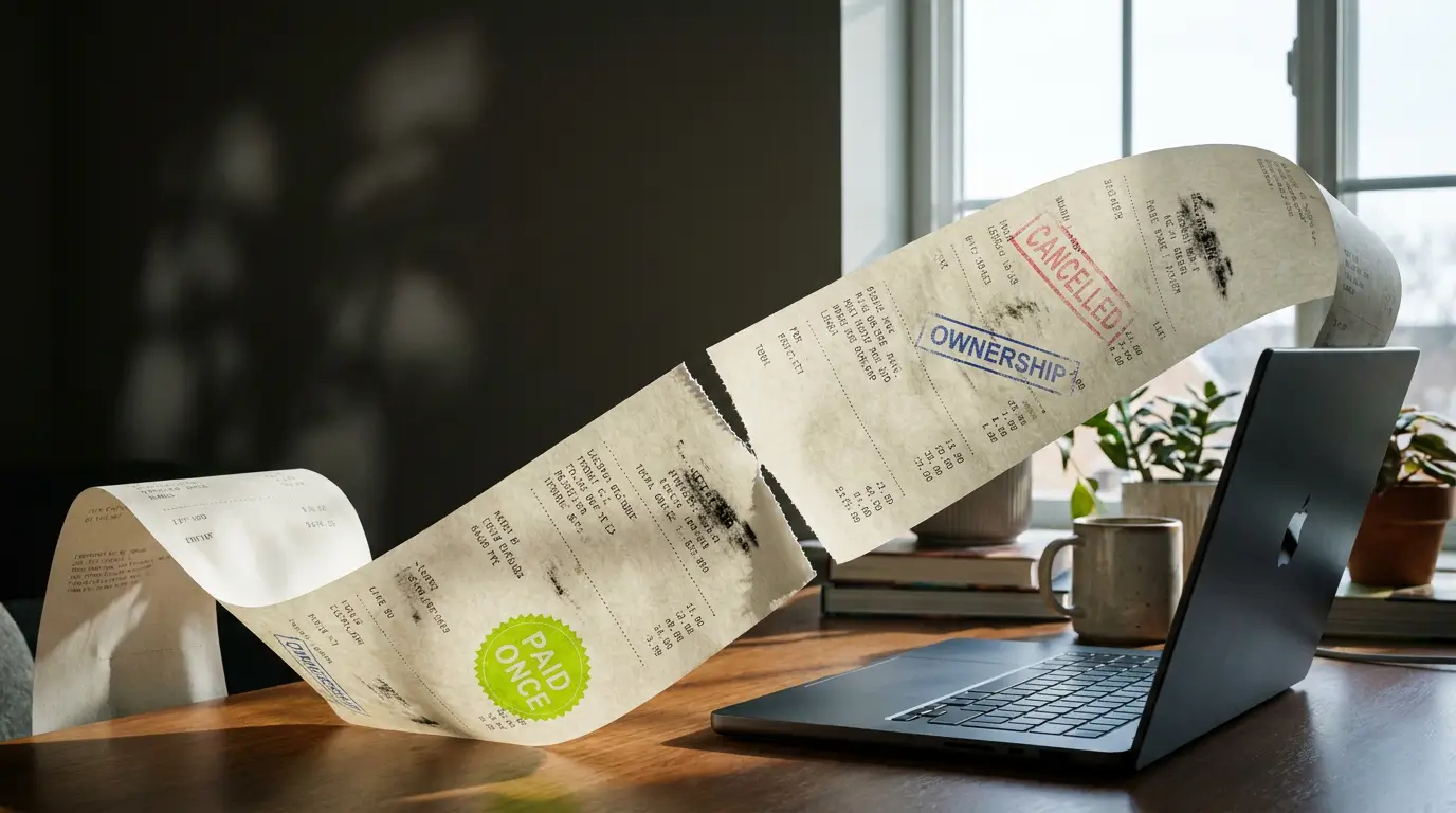 A long paper receipt unspooling from a laptop