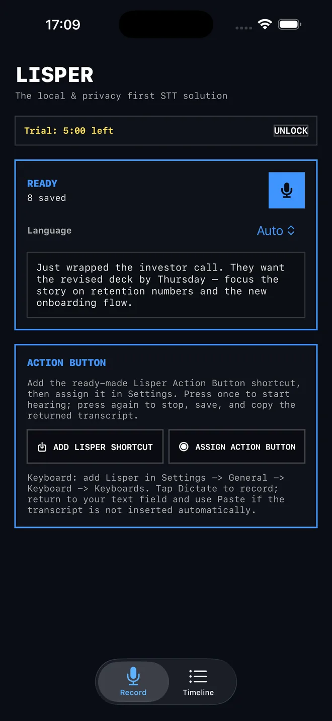 Lisper's iPhone Record screen showing a 5:00 trial and a finished transcript