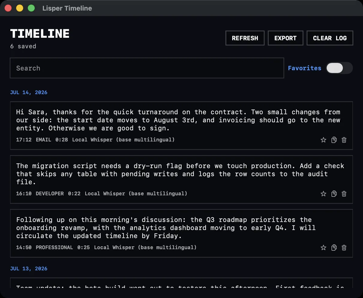 Lisper's Mac timeline: transcripts grouped by day, each labelled with its mode, such as Email, Developer or Professional